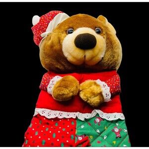 Vintage 1980s Christmas Stocking 21" Smithy Brown Teddy Bear Plush Quilted